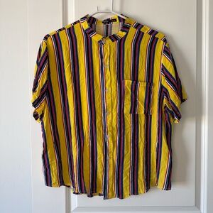 ROMWE Yellow Multicolor Vertical Stripe Short-Sleeve Button Shirt